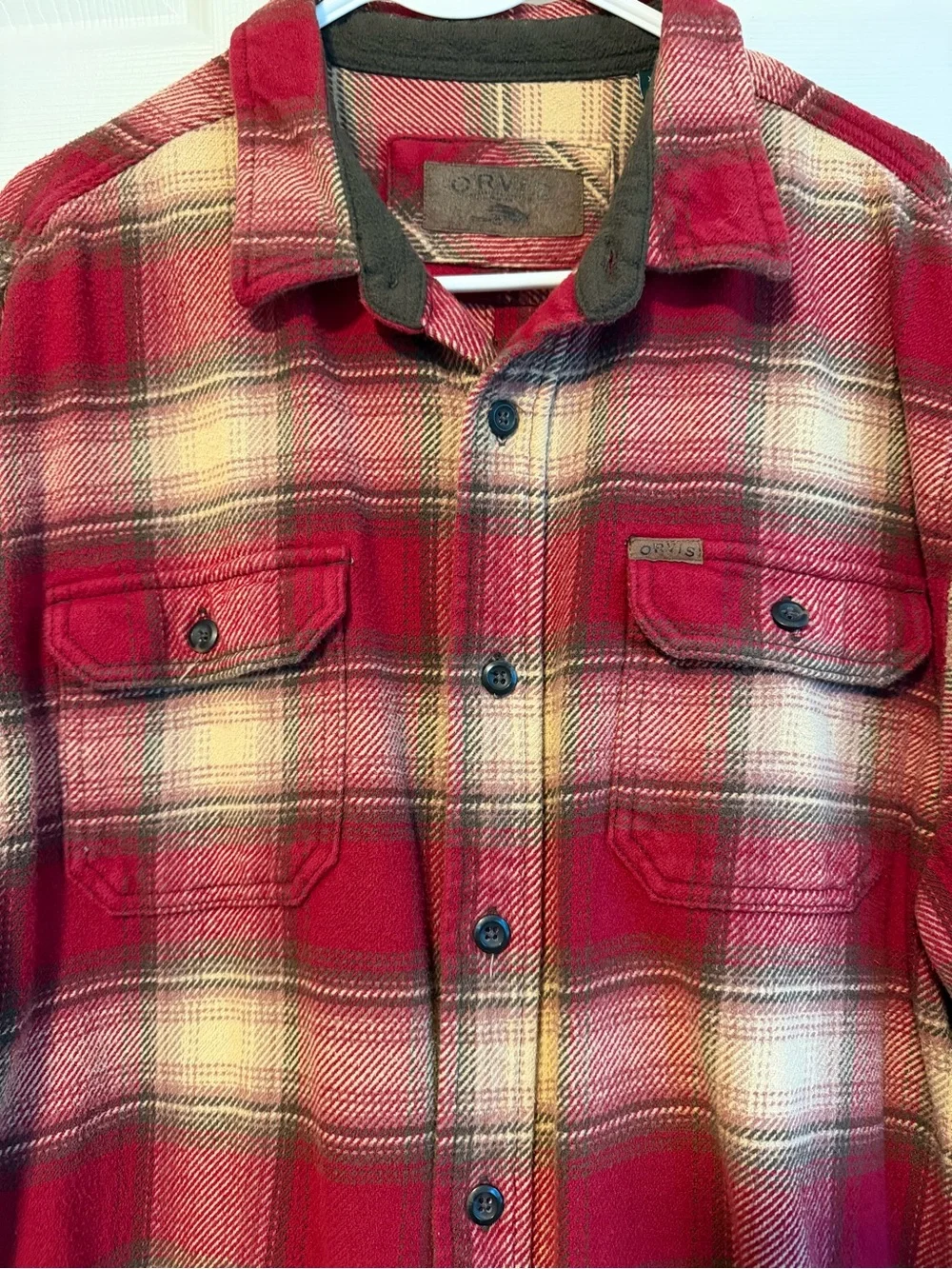 ORVIS Men’s Red and Cream Flannel Plaid Button Up Shirt Jacket | Size XXL